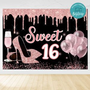 Sweet 16 pink Birthday Backdrop Digital File Template Instant Download