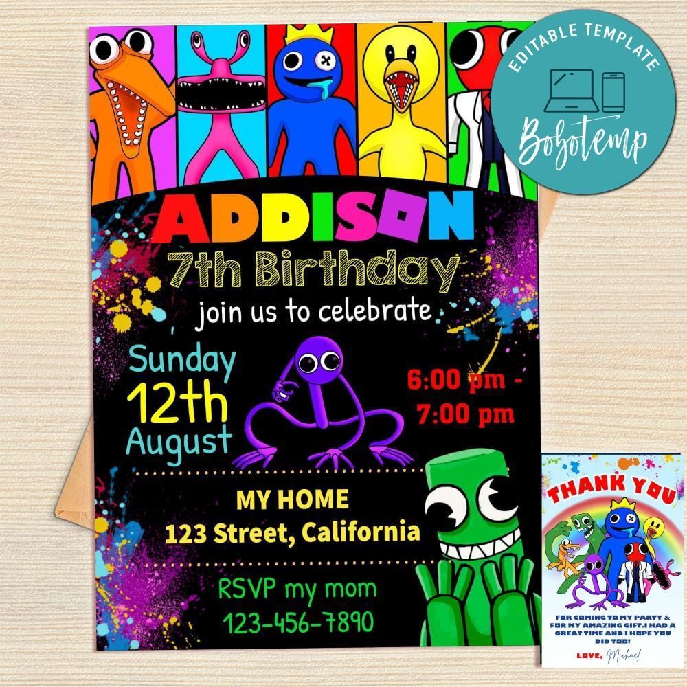 Rainbow Friends Roblox Invitation Template Free Thank You Card Printable
