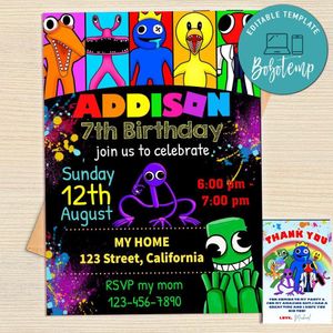 Rainbow Friends Roblox Invitation Template Free Thank You Card Printable