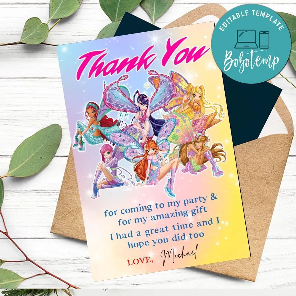 Winx Thank You Card Customizable Template DIY | Bobotemp