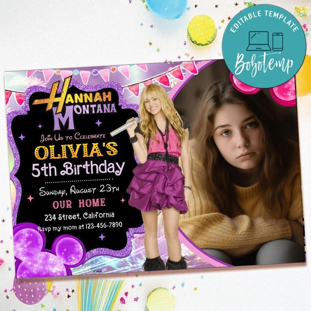 Hannah montana Birthday Invitation with Photo Customizable Template to Print at Home Instant Download