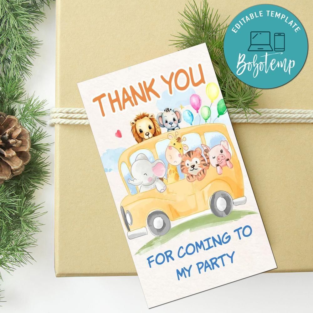 School Bus Animals Thank You Tag Customizable Template To Print At Home Instant Download