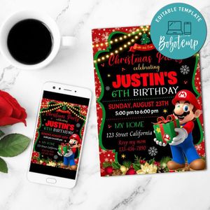 Mario Bros Christmas Birthday Party Mobile Invite Customizable Template Instant Download