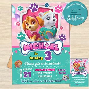 Skye And Everest Invitation Template Free Thank You Card Printable