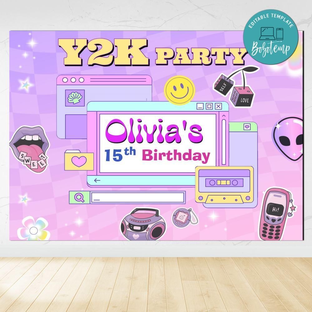 Y2k Party Birthday Backdrop Digital File Template Instant Download