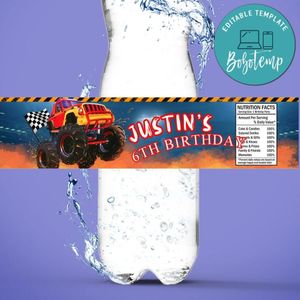 Monster Truck Birthday Water Bottle Label Template to Print at Home Instant Download