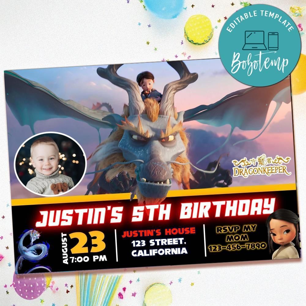 Dragonkeeper Birthday Invitation with Photo Customizable Template to Print at Home Instant Download