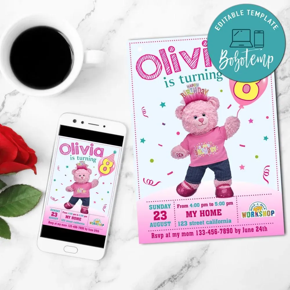 Build a bear Girl Invitation Customizable Template DIY | Bobotemp