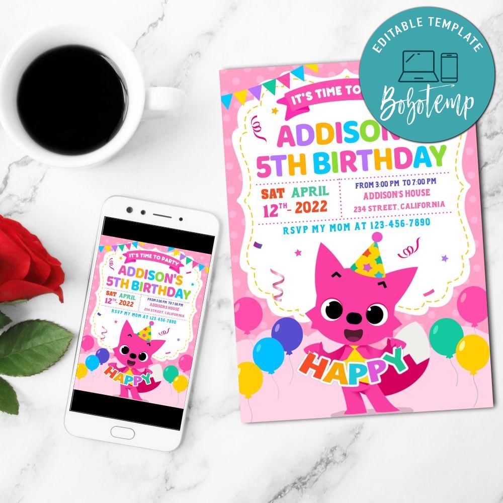 Pinkfong Mobile Invite Customizable Instant Download | Bobotemp