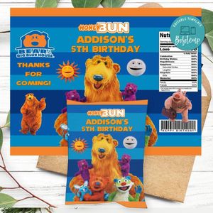 Bear In The Big Blue House Birthday Honey Buns Snack Bag Label Customizable Instant Download