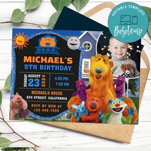 Bear in the big blue house Birthday Invitation with Photo Customizable Template to Print at Home Instant Download