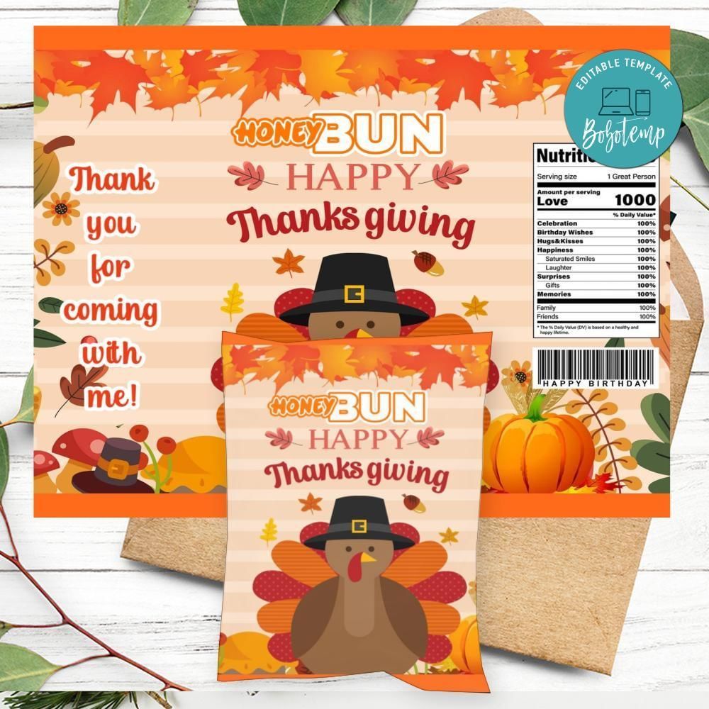 Thanksgiving Birthday Honey Buns Snack Bag Label Customizable Instant Download