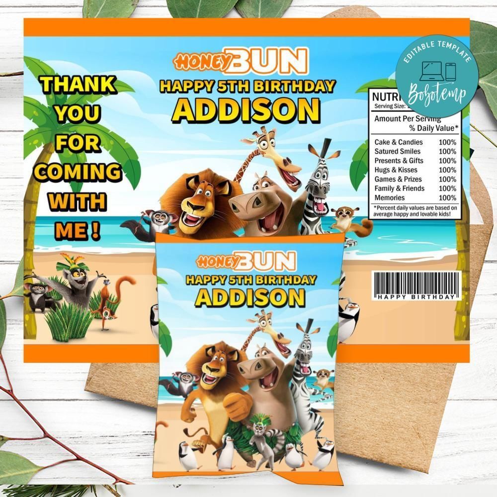 Madagascar Birthday Honey Buns Snack Bag Label Customizable Instant Download