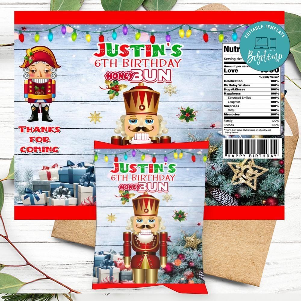 Christmas Nutcracker Birthday Honey Buns Snack Bag Label Customizable Instant Download