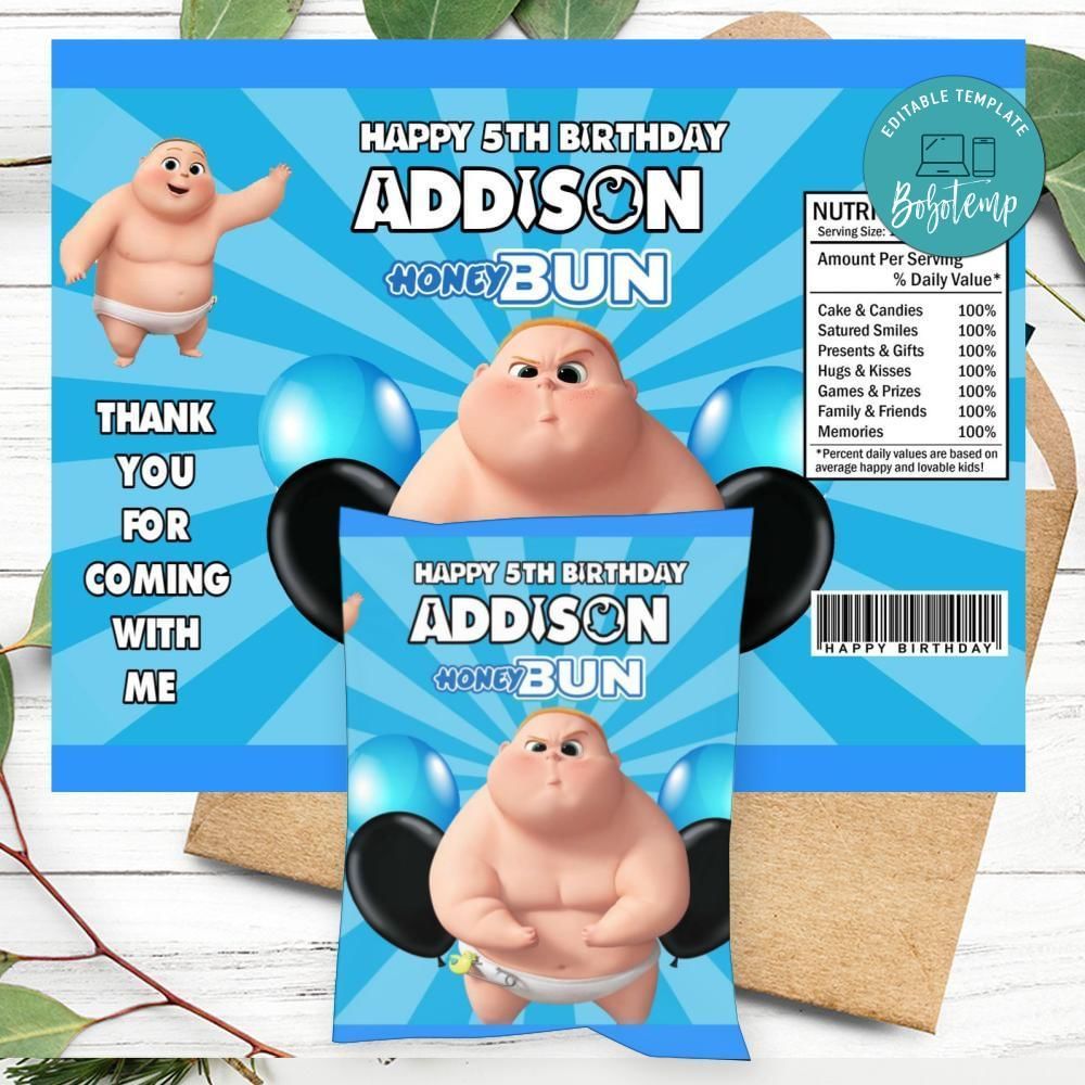 Jimbo Boss Baby Birthday Honey Buns Snack Bag Label Customizable Instant Download