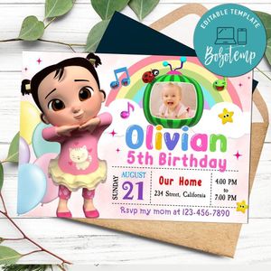 Cece cocomelon Birthday Invitation with Photo Customizable Template to Print at Home Instant Download