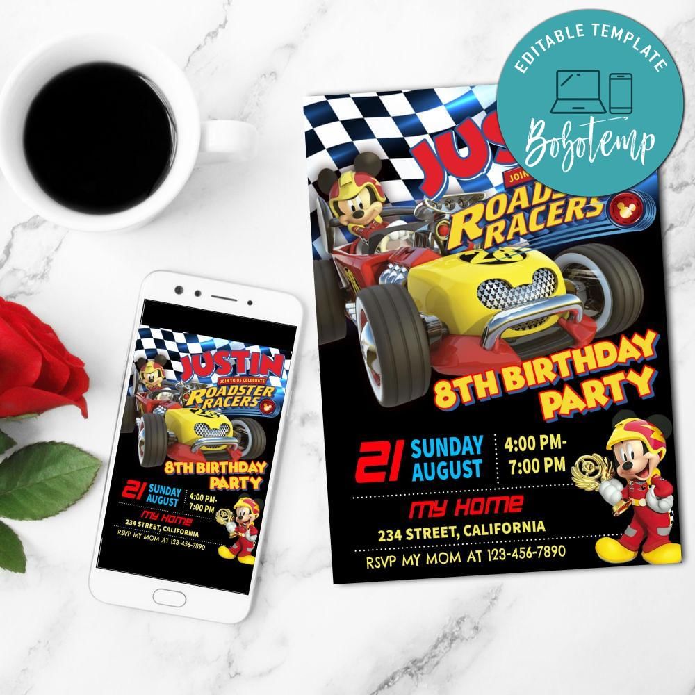 Mickey Roadster Racers Invitation Customizable Template DIY | Bobotemp