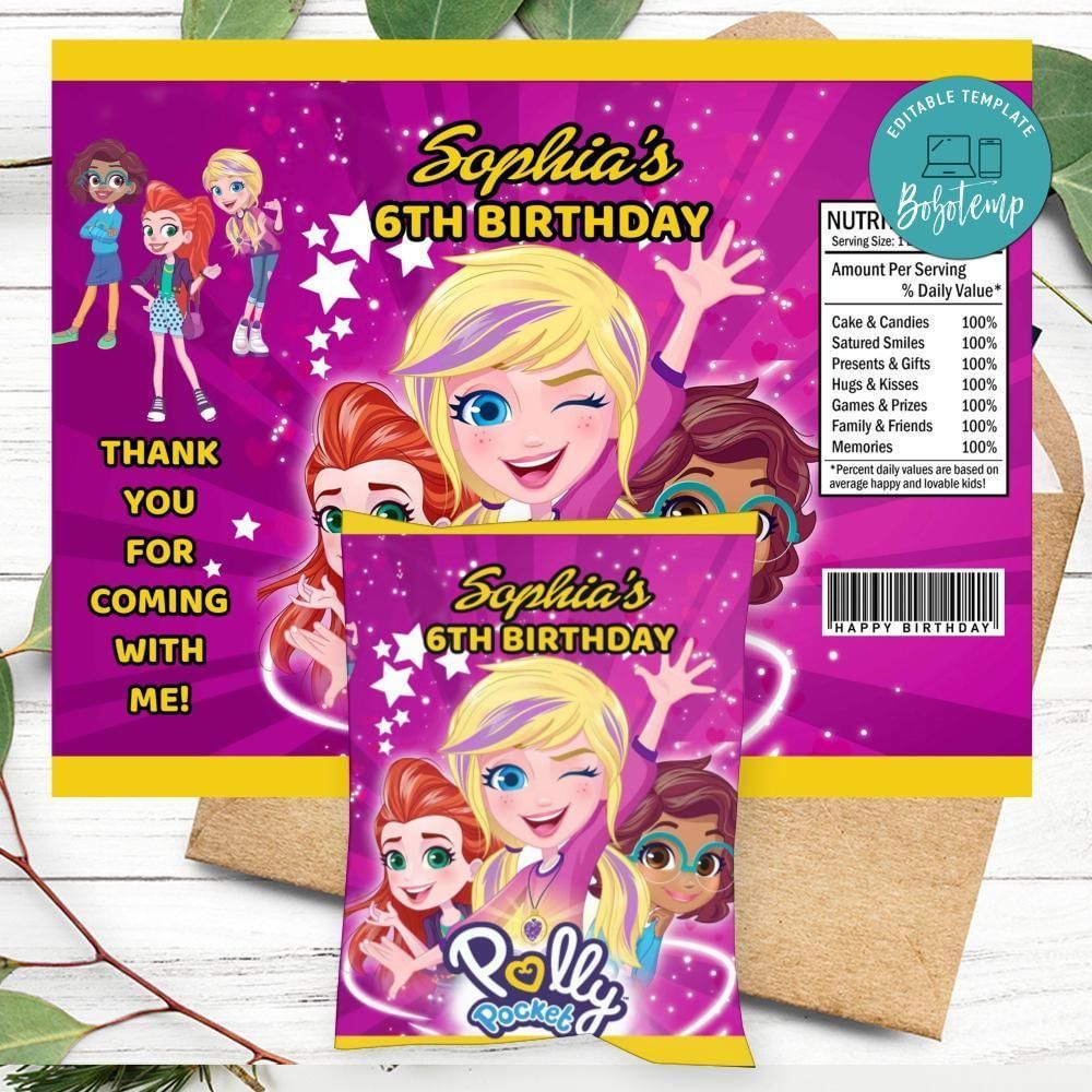 Polly pocket Birthday Chip Bag Label Customizable Instant Download