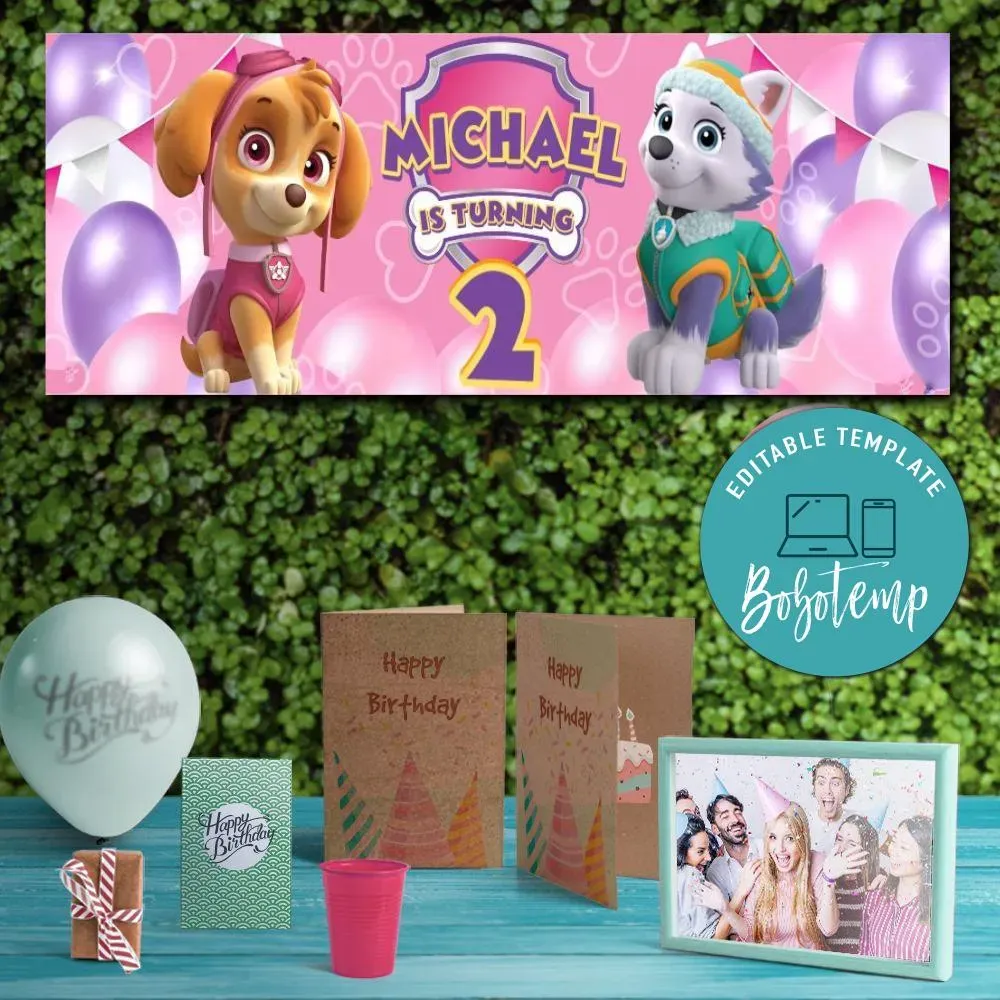 Girl Paw Patrol Birthday Banner Digital File Template | Bobotemp