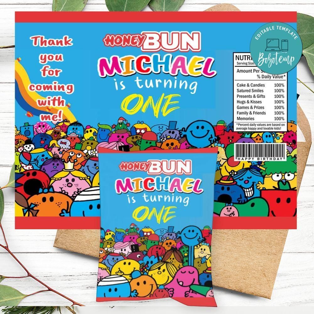 Little Miss Mr. Men Birthday Honey Buns Snack Bag Label Customizable Instant Download