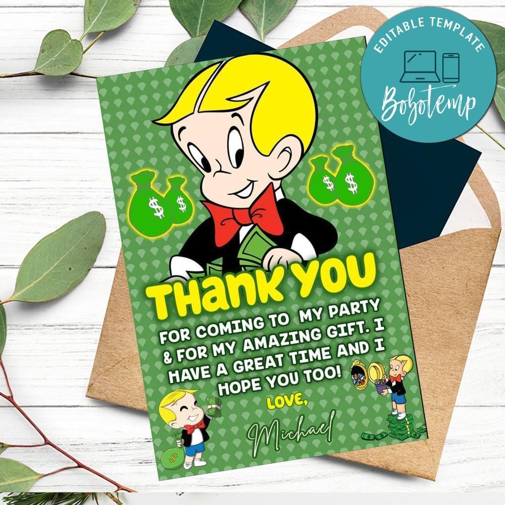 Richie Rich Thank You Card Customizable Template To Print At Home Instant Download