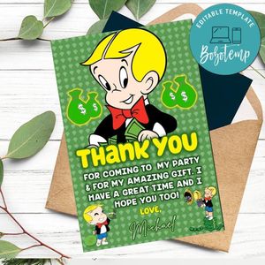 Richie Rich Thank You Card Customizable Template To Print At Home Instant Download