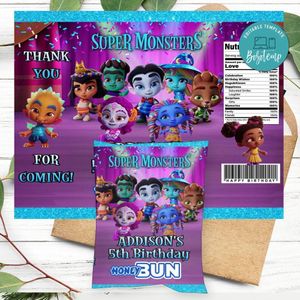 Super Monster Birthday Honey Buns Snack Bag Label Customizable Instant Download