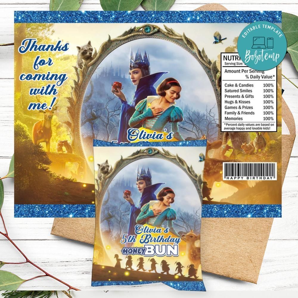 Snow White 2025 Birthday Honey Buns Snack Bag Label Customizable Instant Download