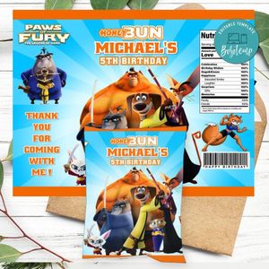 Paws Of Fury Birthday Honey Buns Snack Bag Label Customizable Instant Download