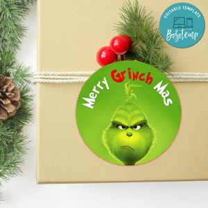 Grinch Circle Sticker Template Customizable to Print at Home Instant Download