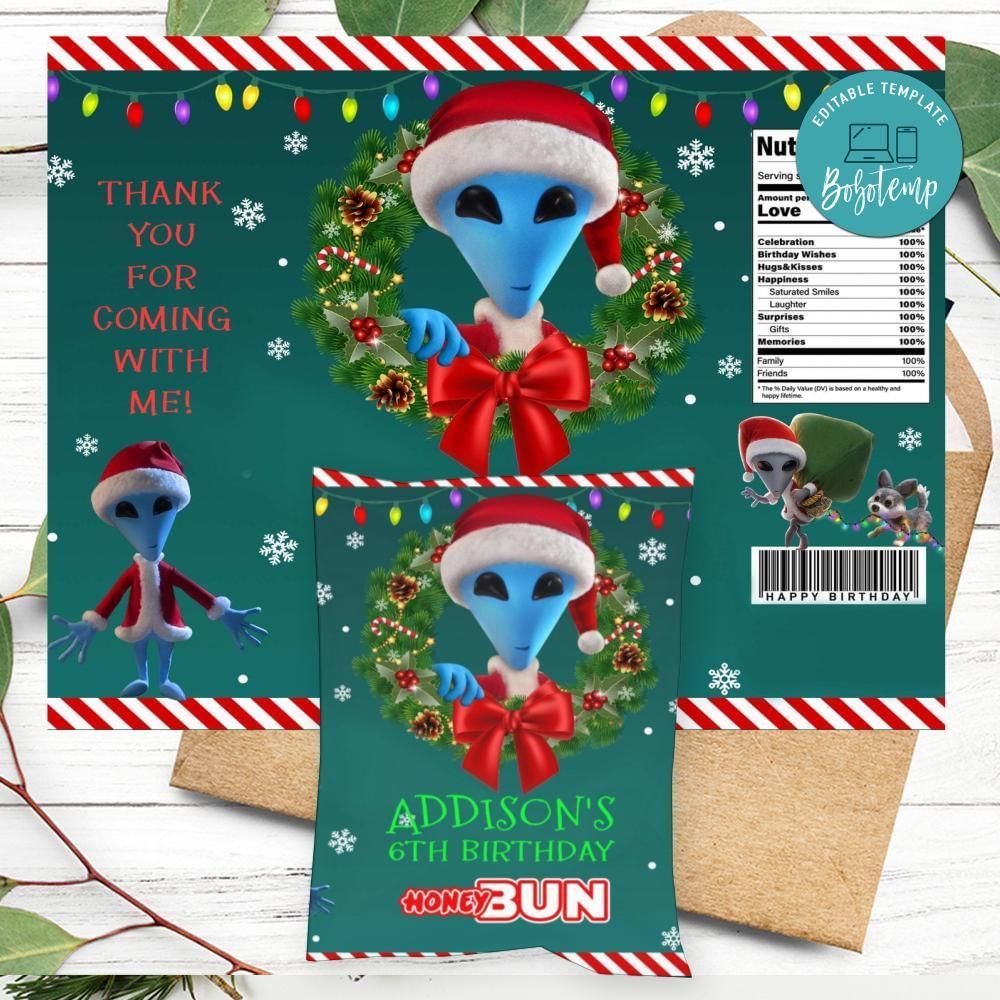 Alien Xmas Birthday Honey Buns Snack Bag Label Customizable Instant Download