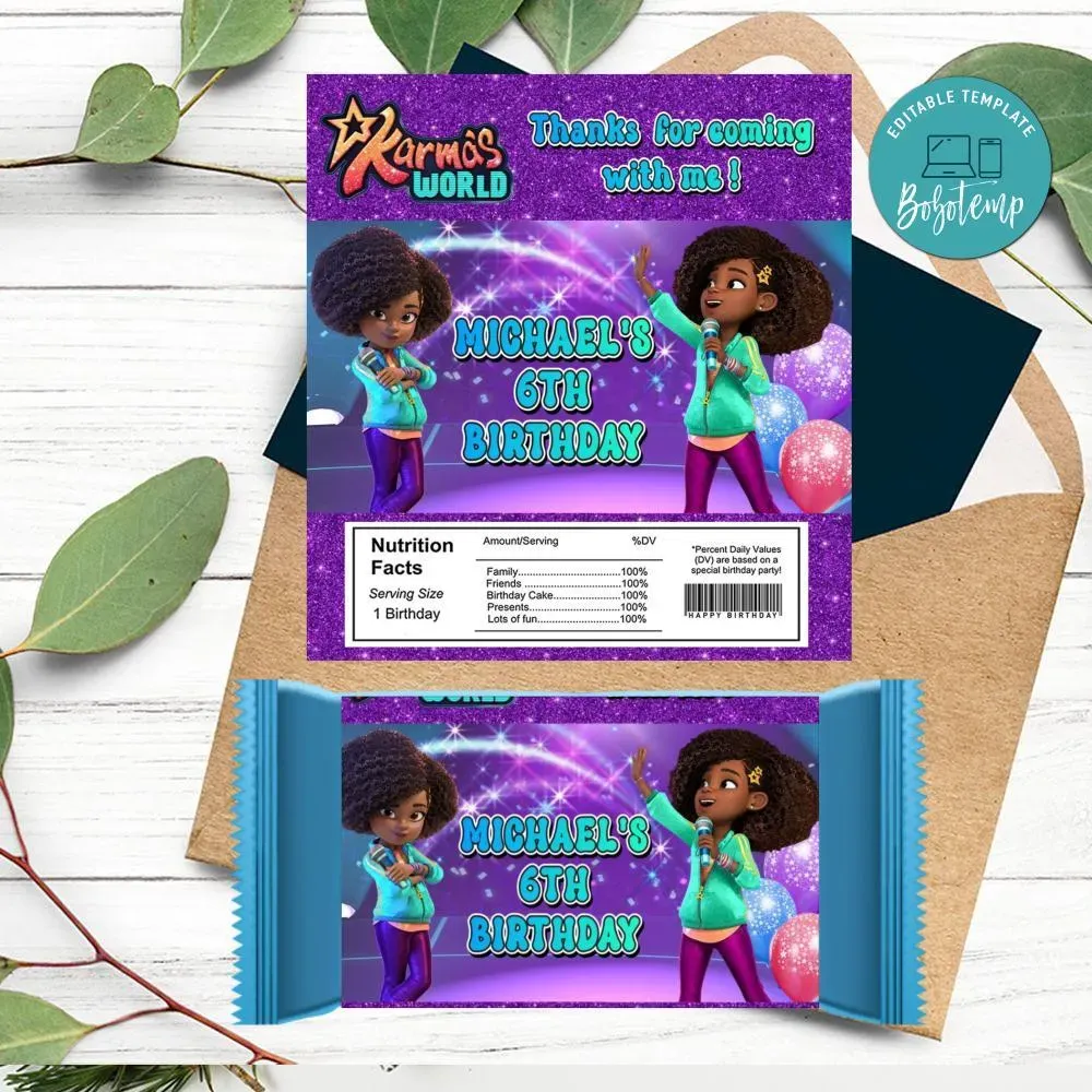 Karma's world Candy bar Label Customizable Template DIY | Bobotemp