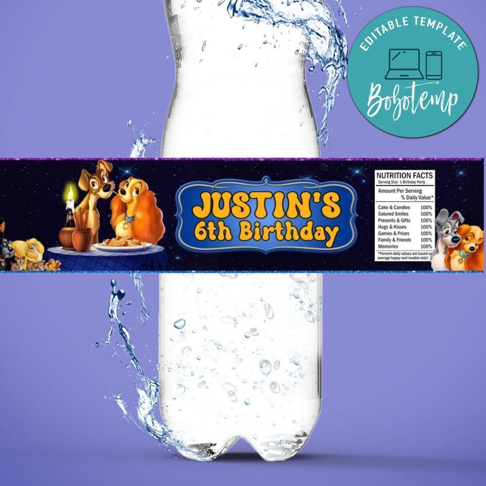 Lady And The Tramp Birthday Water Bottle Label Template to Print at Home Instant Download