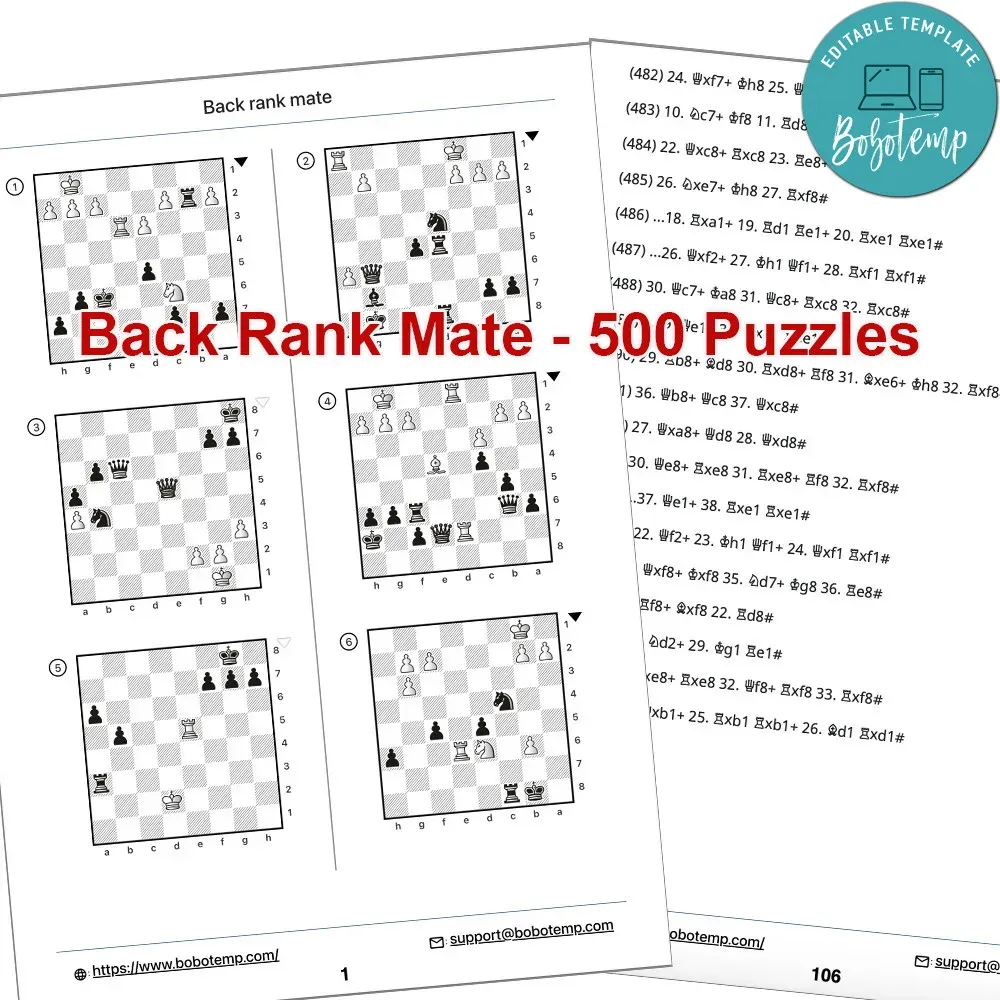 Back rank mate Chess Puzzles – 500 Printable PDF for Kids | Bobotemp