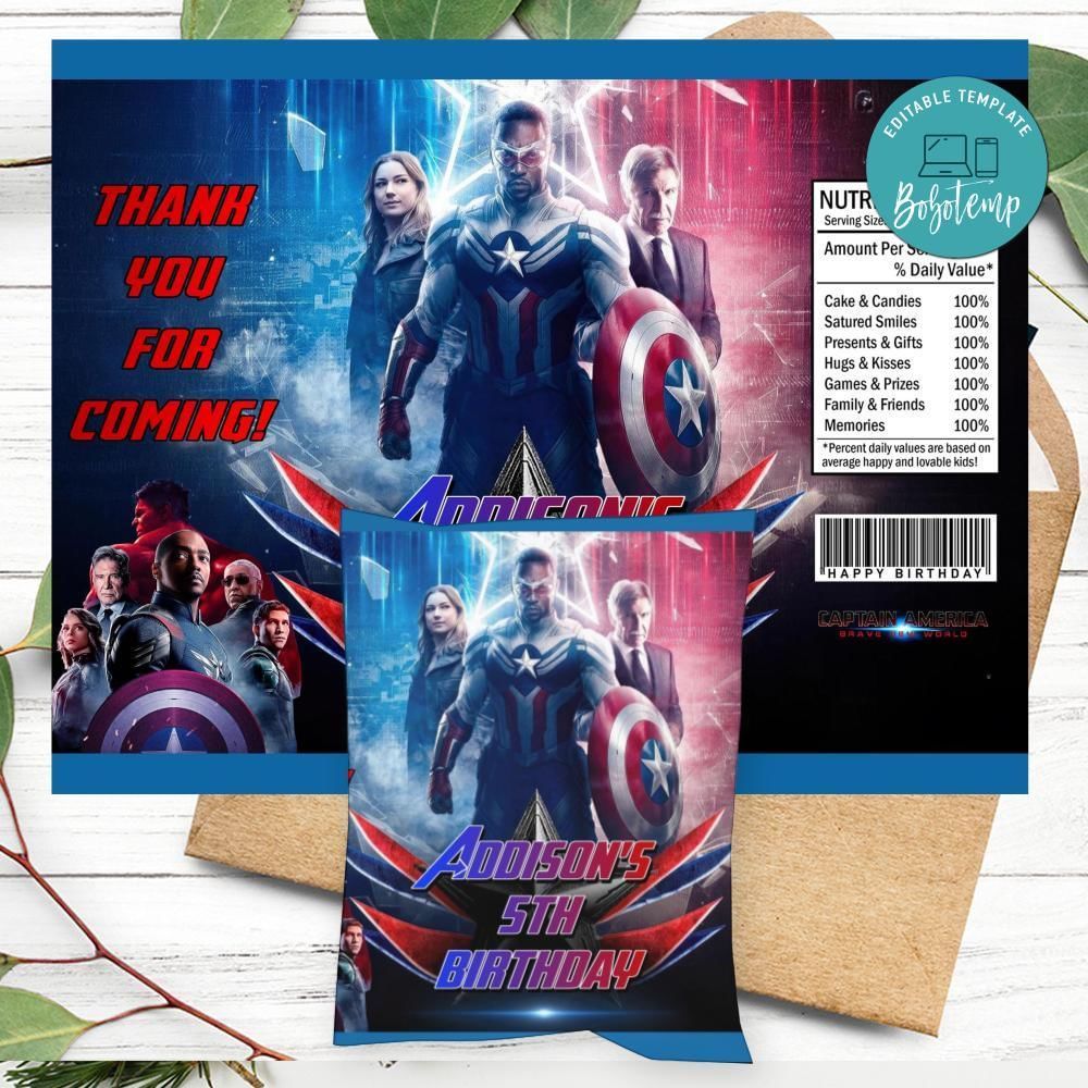 Captain America Brave New World Birthday Party Chip Bag Digital File Printable Instant Download