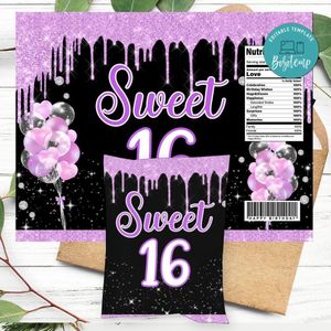 Sweet 16 Rose Gold Purple Birthday Party Chip Bag Digital File Printable Instant Download