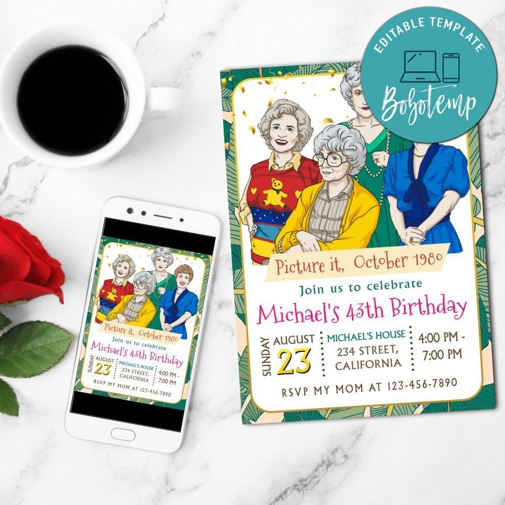 Golden girls Birthday Invitation Customizable Template to Print at Home Instant Download