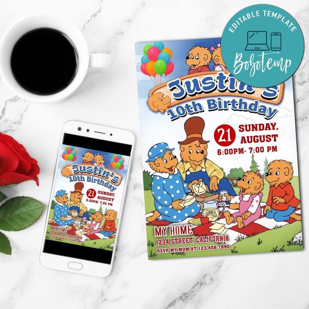 Berenstain Bears Birthday Mobile Invite Customizable Template Instant Download