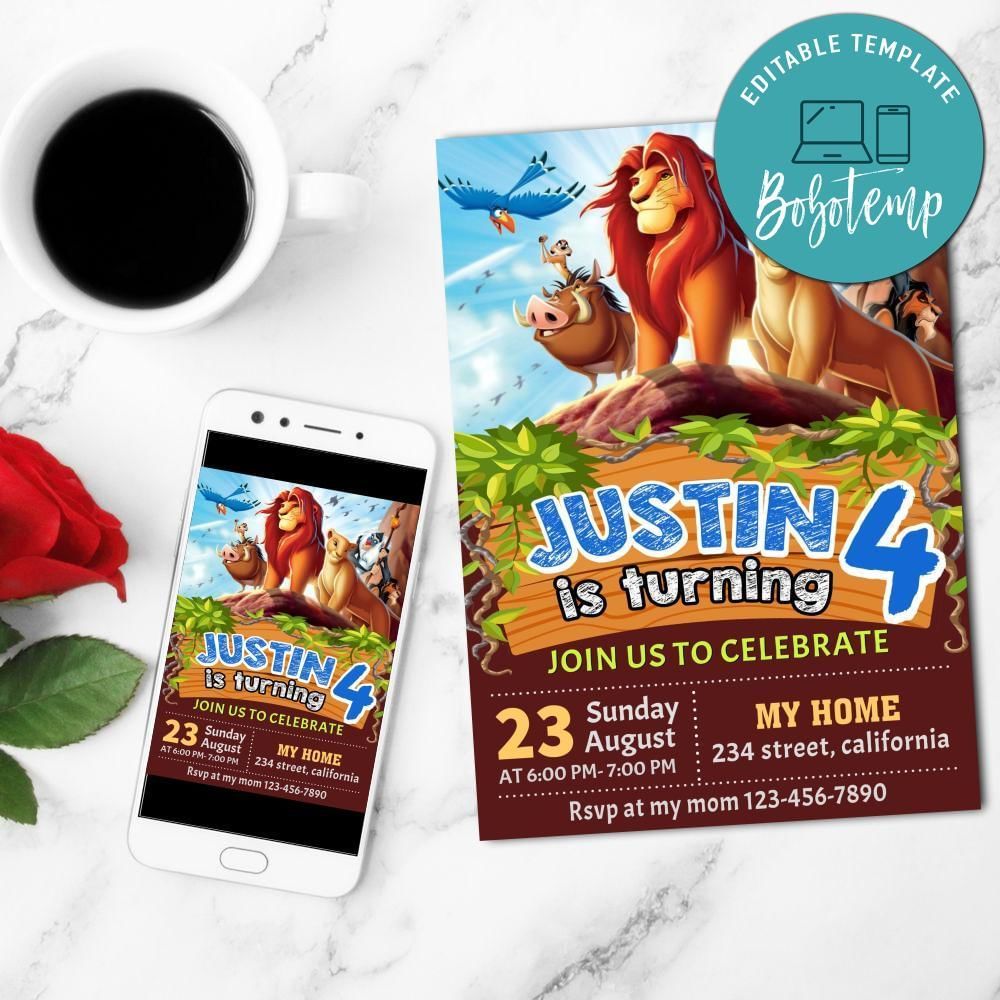 Lion King/simba Personalized Mobile Invite Customizable Template Instant Download