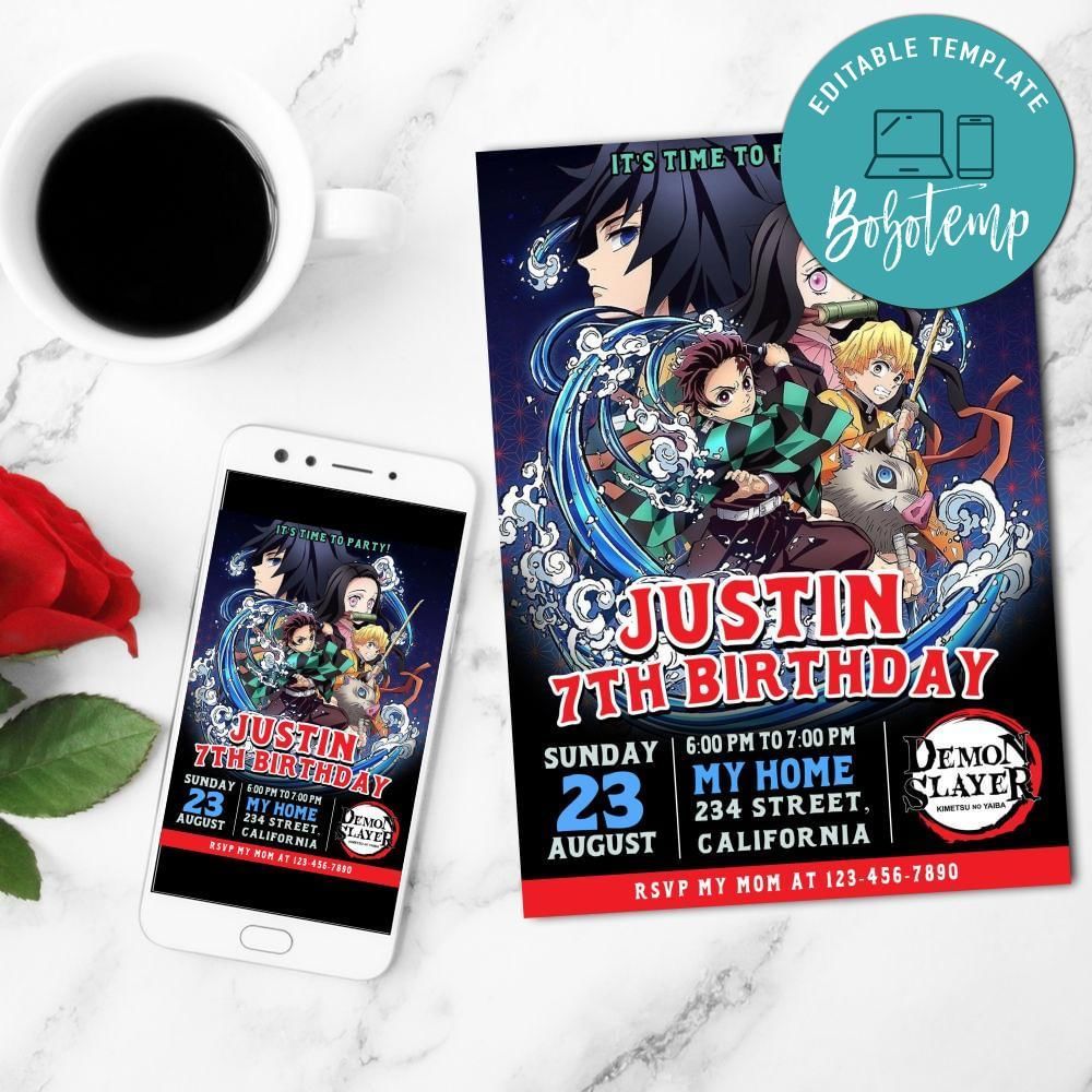 Demon Slayer Birthday Mobile Invite Customizable Template Instant Download