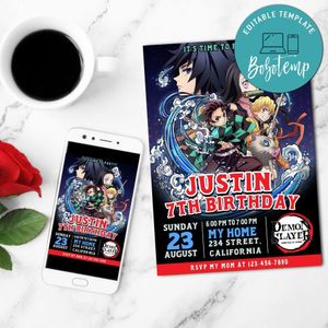 Demon Slayer Birthday Mobile Invite Customizable Template Instant Download