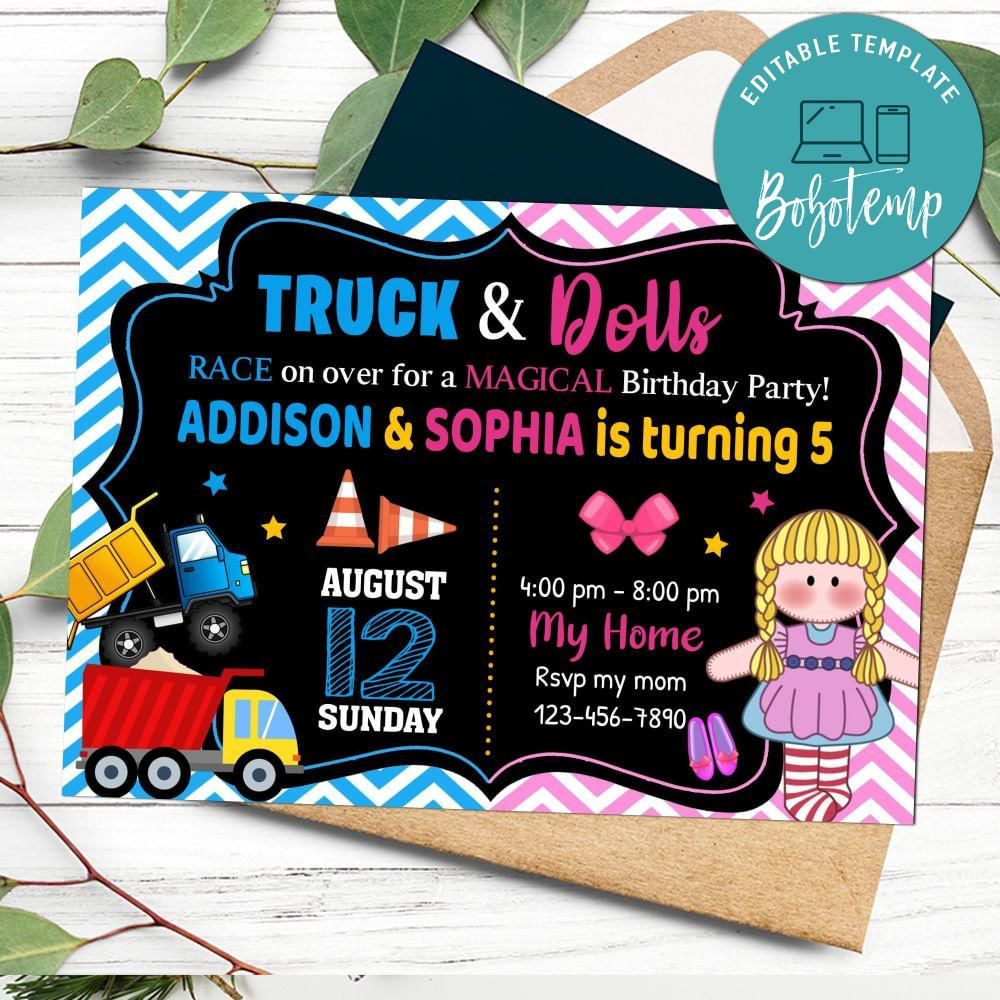 Trucks and dolls Twins Invitation Customizable Template DIY Bobotemp