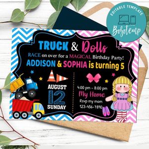 Trucks and dolls Twins Invitation Customizable Template to Print at Home Instant Download