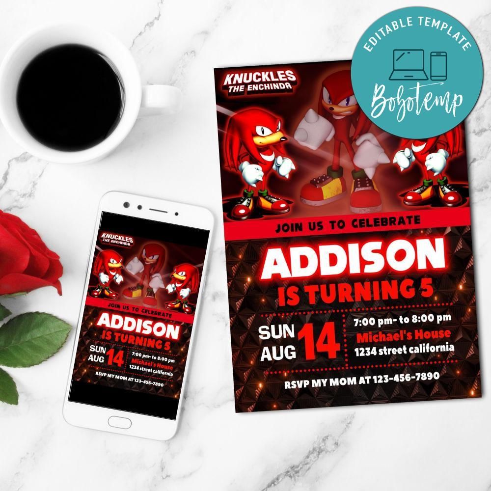 Knuckles Mobile Invite Customizable Template Instant Download