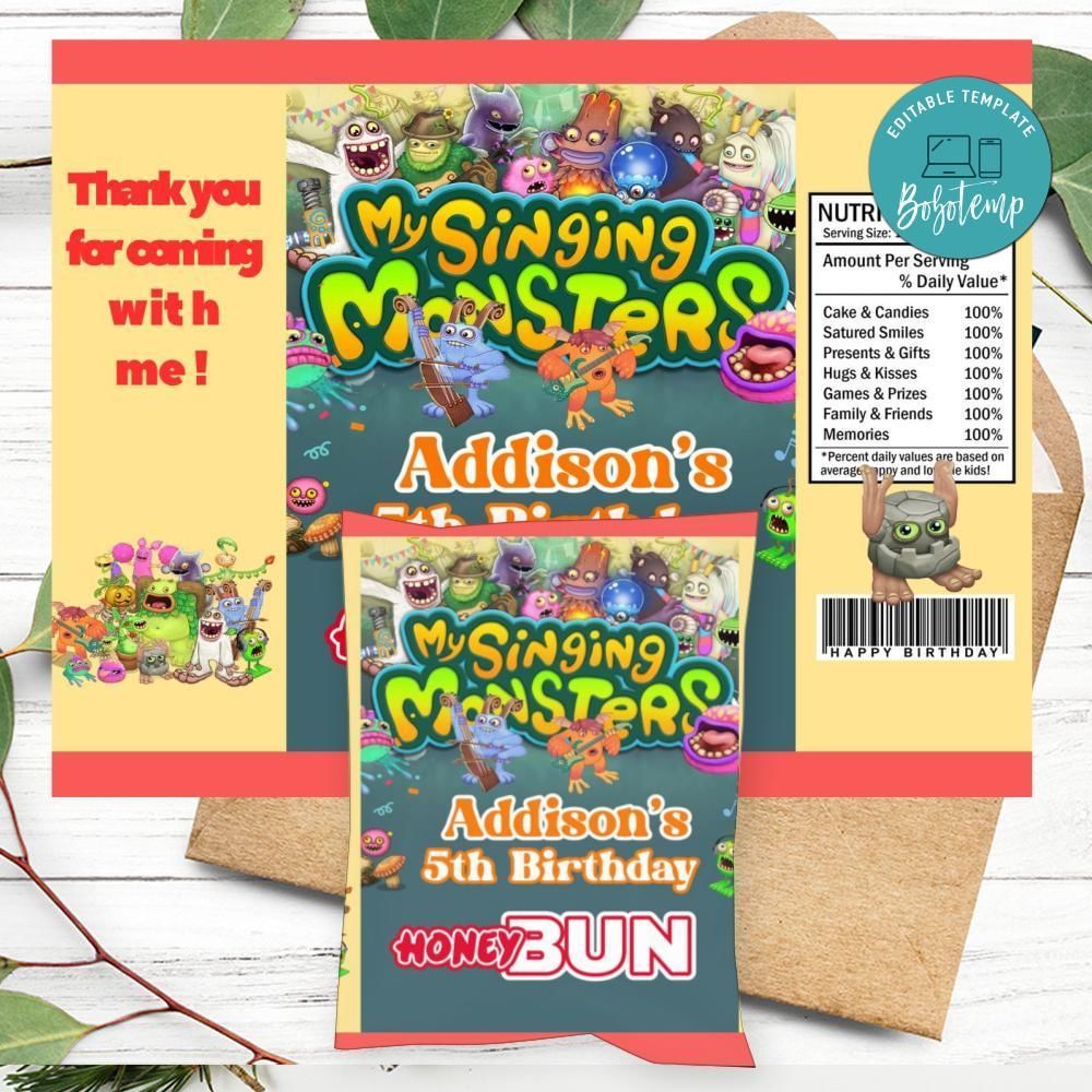 My Singing Monsters Birthday Honey Buns Snack Bag Label Customizable Instant Download