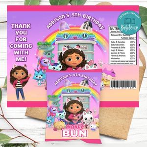 Gabby Dollhouse Birthday Honey Buns Snack Bag Label Customizable Instant Download