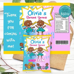 Phil And Lil Gender Reveal Birthday Honey Buns Snack Bag Label Customizable Instant Download