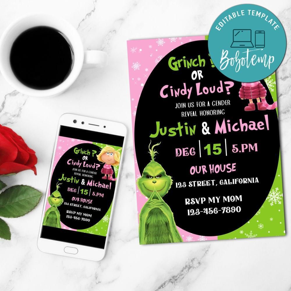 Grinch Gender Reveal Mobile Invite Customizable Template Instant Download