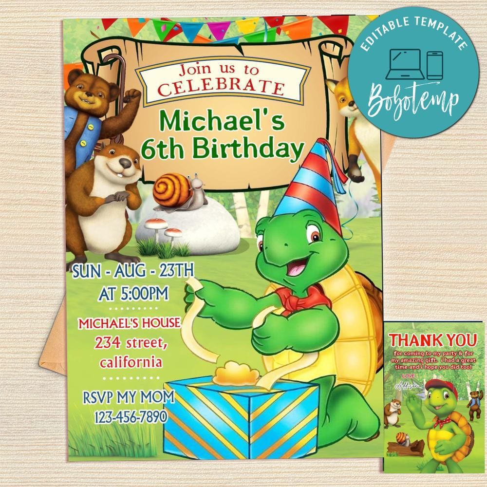 Franklin The Turtle Invitation Template Free Thank You Card Printable ...
