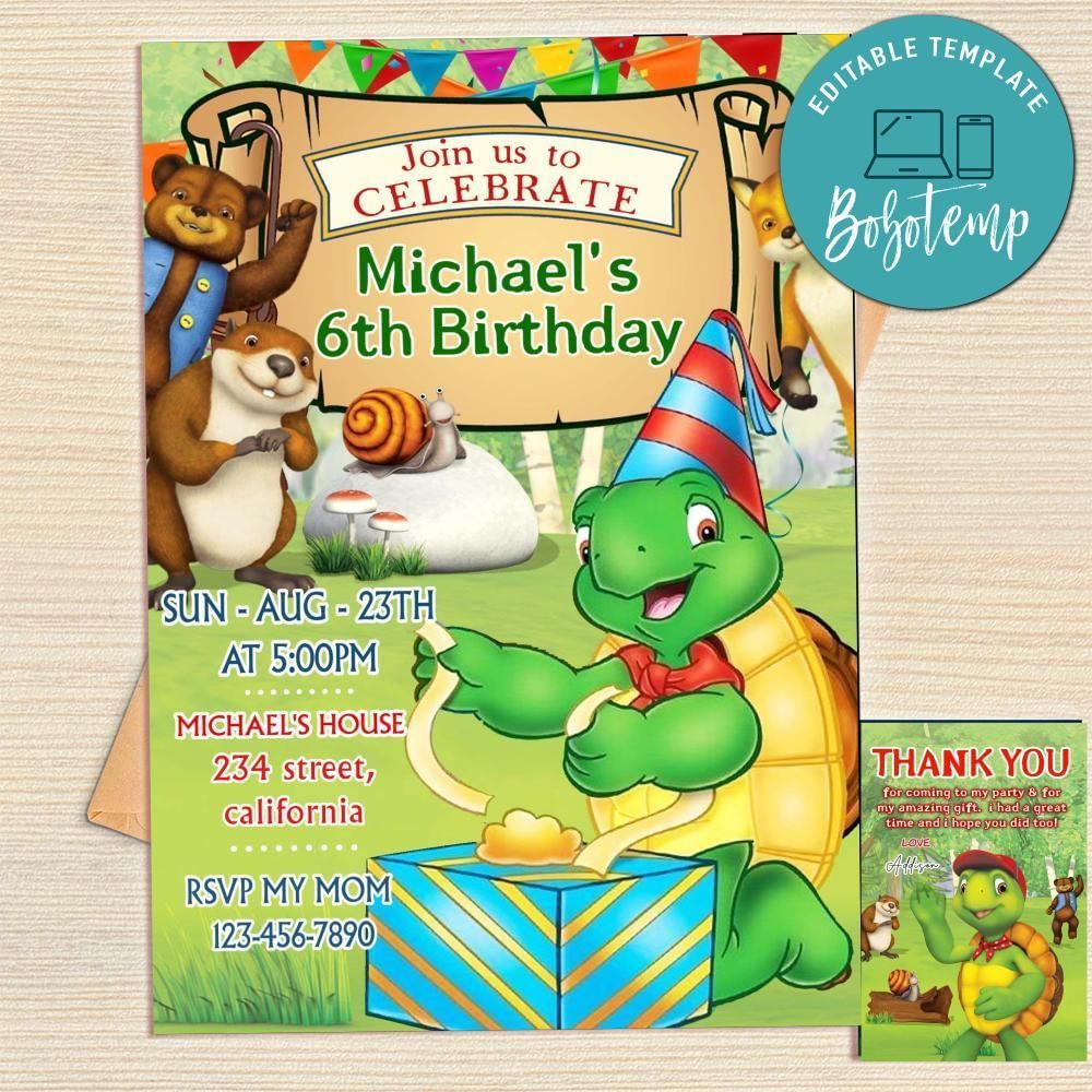 Franklin The Turtle Invitation Template Free Thank You Card Printable